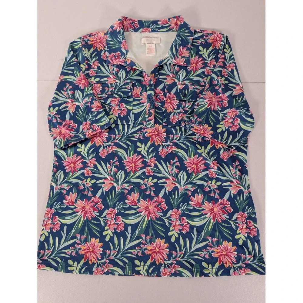 Stella‎ Parker Shirt Womens Medium Blue Floral Hawaiian Short Sleeve Summer